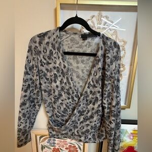 360 Cashmere Gray Animal Print Wrap Sweater